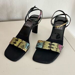 Impo Vixen Strappy Heeled Square Toe Multi-colored Snakeskin Strap Sandals, 7.5